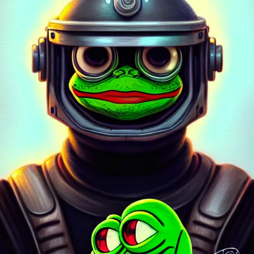 Prompt: Portrait of happy pepe with a spoon wearing futuristic power armor, fantasy, intricate, highly detailed, digital painting, trending on artstation, sharp focus, illustration, style of Stanley Artgerm and Greg Rutkowski and Dan Mumford