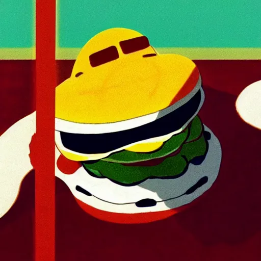 Image similar to the mayo man, angular humanoid blob of mayonnaise, angry eyes, shaded out eyes, 2 0 0 1 anime, flcl, golden hour, japanese town, cel - shaded, strong shadows, vivid hues, y 2 k aesthetic