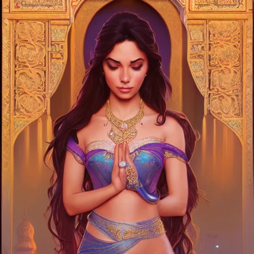 Image similar to beautiful princess jasmine, disney, palace background, intricate, elegant. highly detailed, digital painting, artstation, concept art, smooth, sharp, focus, illustration. art by artgerm and greg rutkowski and alphonse mucha