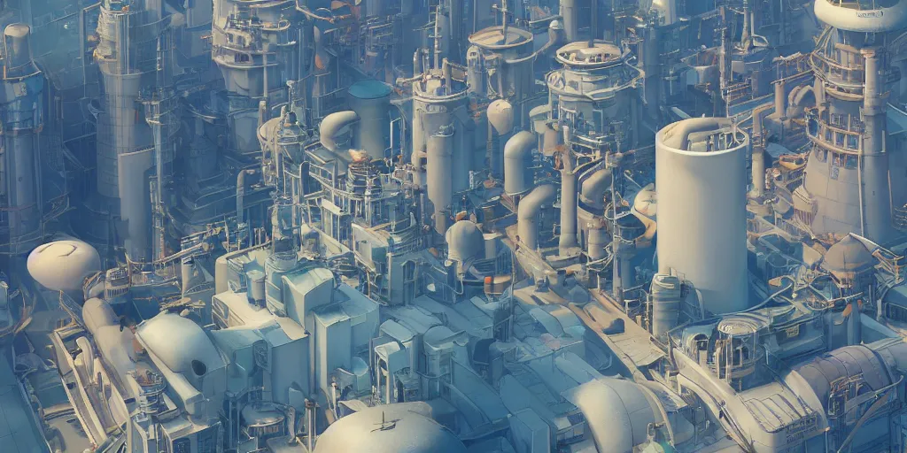 Image similar to aerial view of a stylized combined cycle powerplant, masterpiece, blizzard pixar maya engine global illumination lighting artstation lois van baarle, ilya kuvshinov, rossdraws