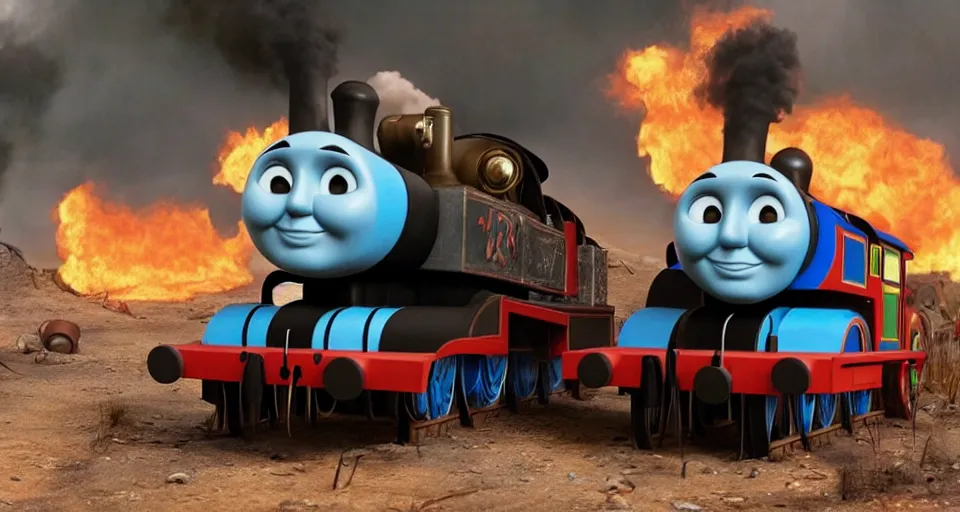 Image similar to Thomas the Tank Engine in the fiery wasteland of MAD MAX: FURY ROAD