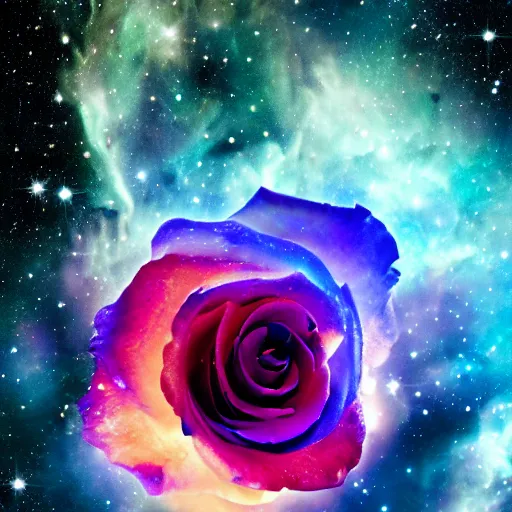 Prompt: beautiful rose made of stunning nebula and stars, on black background, highly detailed, trending on deviantart and artstation, nasa space photography