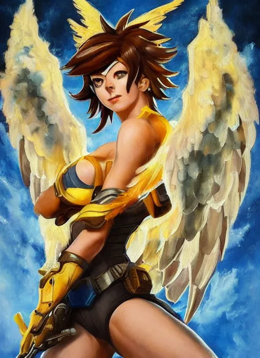 Prompt: full body oil painting of tracer overwatch in the style of frank frazetta, angel wings, dramatic painting, symmetrical composition, ornate, golden chains, high detail, gold detailed collar!!!!!, blooming, angelic, lights, flowers, heavenly, bright, detailed face,