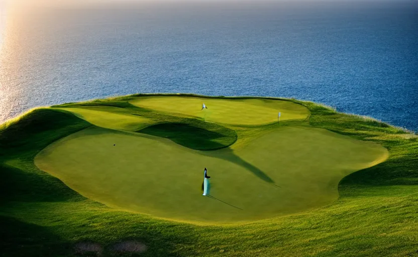 Prompt: a great photograph of the most amazing golf hole in the world, cliffs by the sea, perfect green fairway, human perspective, ambient light, 5 0 mm, golf digest, top 1 0 0, morning fog