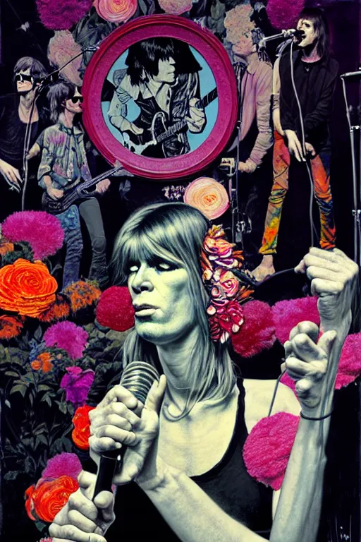 Image similar to the velvet underground and nico playing live on stage at a night club, nico in the center of stage, beautiful stage decoration with flowers in the background, painting by james jean and norman rockwell, very detailed and colorful and toned down and ornamental and moody and cool and relaxed and high on drugs, backlight, trending on artstation, behance contest winner