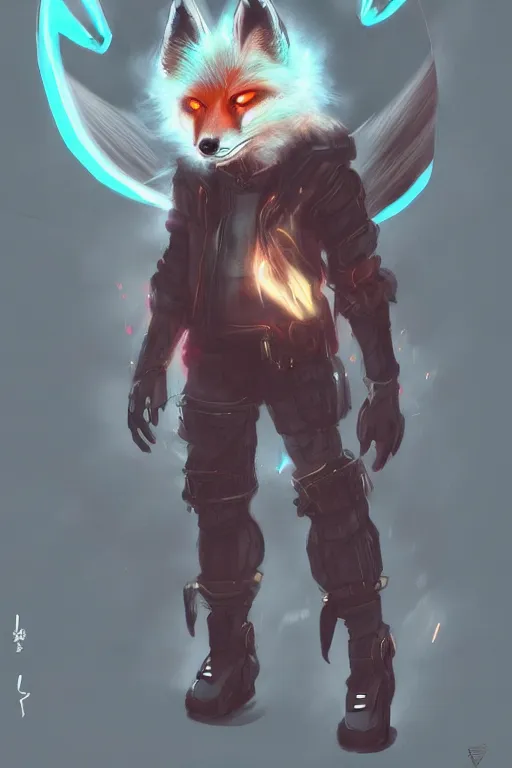 Image similar to an anthropomorphic cyberpunk fox with a fluffy tail, backlighting, trending on artstation, digital art, furry art, trending on furaffinity, fantasy art, by kawacy