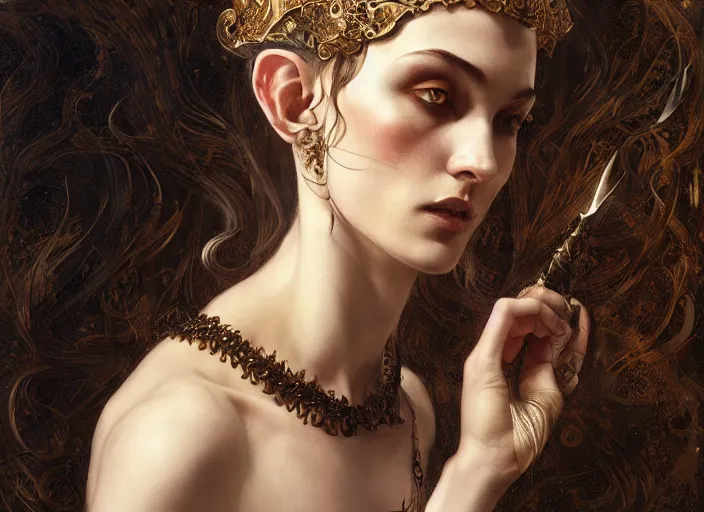 Prompt: beautiful elvish witch, full body, high fashion, fantasy, fantastical, intricate, elegant, highly detailed, digital painting, art station, concept art, smooth, sharp focus, oil painting, art by caravaggio and greg rutkowski and klimt