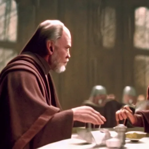 Image similar to Obi Wan Kenobi sits next to chancellor palpatine at a table and dreams tea. Movie Screenshot, Still from Movie, Highly Detailed, High Resolution