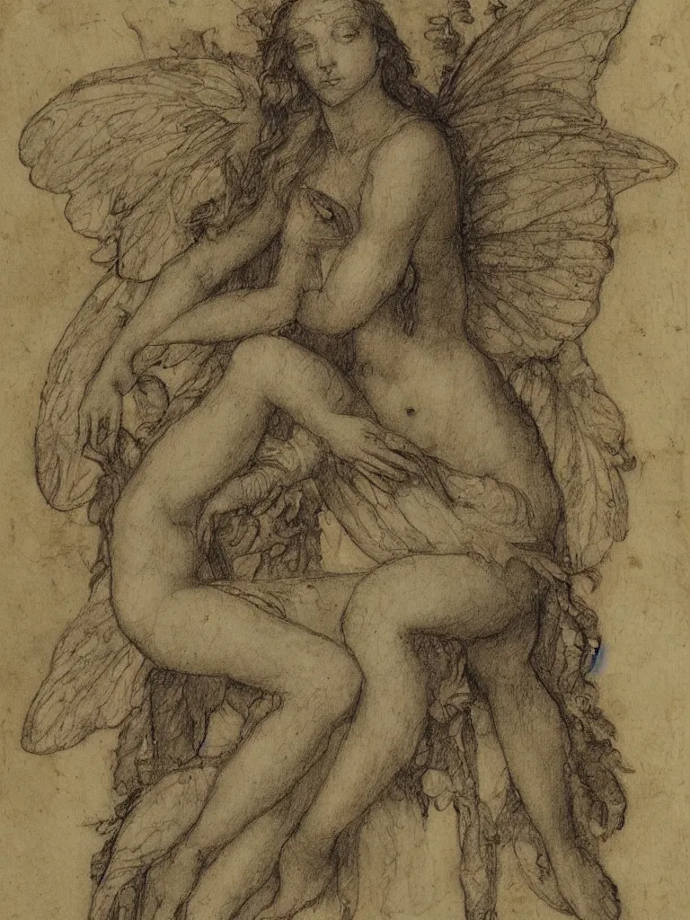 Image similar to sketch, study of a fairy, in the style of leonardo da vinci, with written notes, annotations, sketchbook