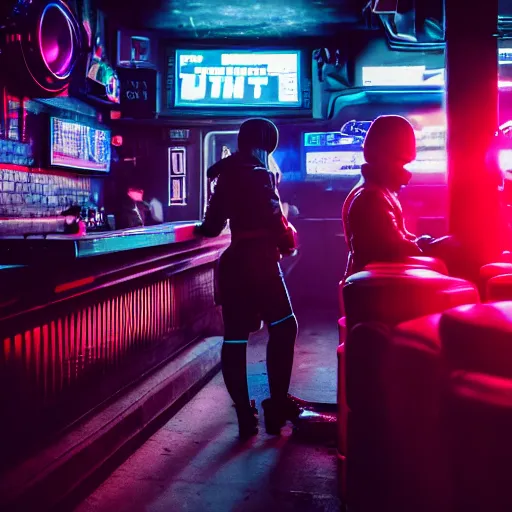 Prompt: photograph of retro techwear coed loitering near the bar of a packed busy rundown nightclub, retrofuturism, brutalism, cyberpunk, sigma 85mm f/1.4, 35mm, 4k, depth of field, high resolution, 4k, 8k, hd, highly detailed, full color
