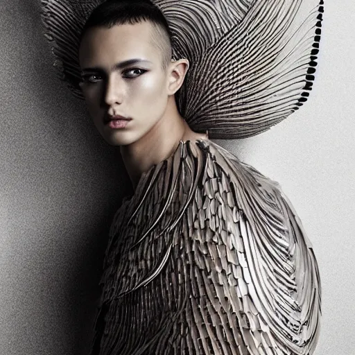 Prompt: a beautiful young mexican male wearing iris van herpen couture, photographed by erwin olaf