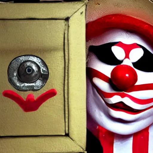 Image similar to police interrogation of a clown peeking out from a small magical trick box