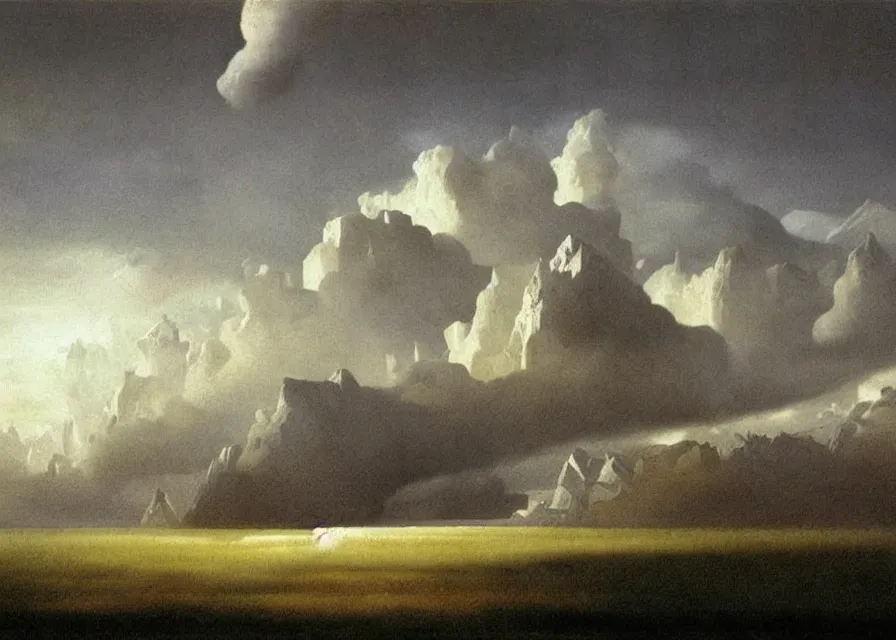 Prompt: a geometric drawing of a landscape of clouds and air of silver painted by greg rutkowski and albert bierstadt, surrealism by dali, very detailed, high resolution