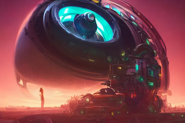 Image similar to portrait of a giant mechanical eye, cinematic lighting, abstract, glow, wlop, artgerm, dan mumford, artstation, octane render