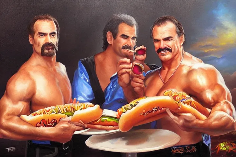 Image similar to portrait of wwf rick rude and wwf jake roberts sharing hotdogs, an oil painting by ross tran and thomas kincade