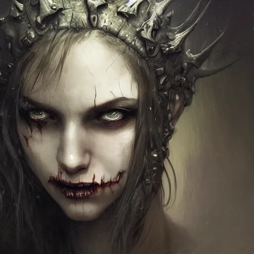 Prompt: A closeup portrait of an attractive zombie girl, fullbody, horror, intricate, moody, highly detailed, artstation, concept art, smooth, sharp focus, illustration, art by greg rutkowski and orientalism and bouguereau and Zdzislaw Beksinski, Dungeons & Dragons, good clear quality, lighting, biology, symmetrical artwork, evil, 135 mm, cinematic, hyper realism, high detail, octane render, 8k, chrome accents