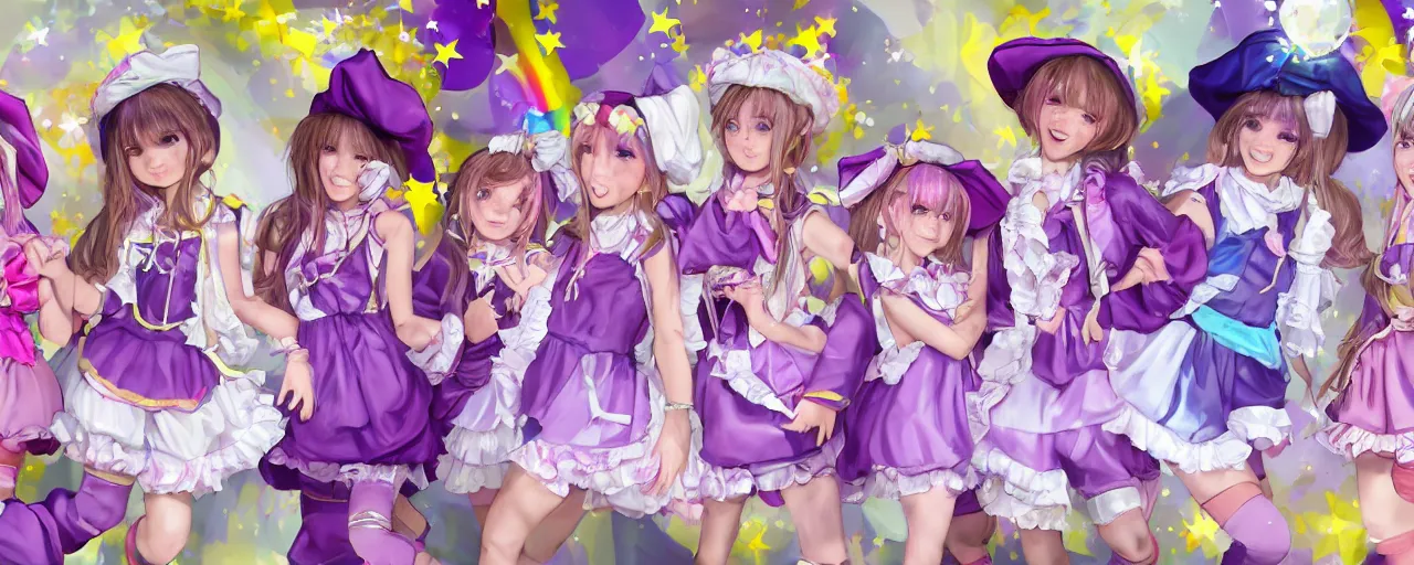 Prompt: A character sheet of full body cute magical girls with short blond hair wearing an oversized purple Beret, Purple overall shorts, Short Puffy pants made of silk, pointy jester shoes, a big billowy scarf, and white leggings. Rainbow accessories all over. Flowing fabric. Golden Ribbon. Fancy Lolita Dress. Baby the stars shine bright. Covered in stars. Artist Clothes. Painter Clothes. Dreamer. Short Hair. Art by william-adolphe bouguereau and Paul Delaroche and Alexandre Cabanel and Lawrence Alma-Tadema and WLOP and Artgerm. Fashion Photography. Decora Fashion. harajuku street fashion. Kawaii Design. Intricate, elegant, Highly Detailed. Smooth, Sharp Focus, Illustration Photo real. realistic. Hyper Realistic. Sunlit. Moonlight. Dreamlike. Surrounded by clouds. 4K. UHD. Denoise.