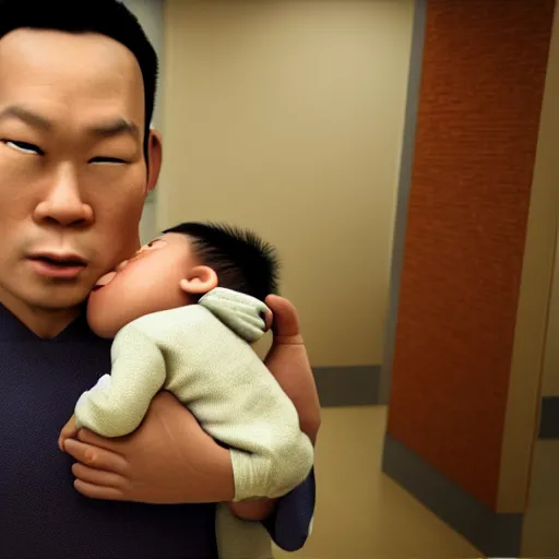 Prompt: shocked asian man holds black baby at hospital, he can ’ t believe his eyes, award winning art, pixar, 3 d render, unreal engine