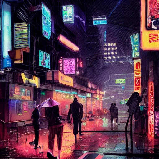 Image similar to man smoking taking picture with disposable camera in the crowded street of a cyberpunk city, rain, harsh neon lights, highly detailed, digital painting, trending on artstation, concept art, sharp focus, illustration, art by artgerm and greg rutkowski and magali villeneuve