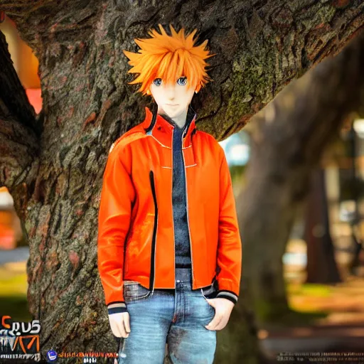 Prompt: orange - haired anime boy, 1 7 - year - old anime boy with wild spiky hair, wearing red jacket, standing under treehouse in city plaza, urban plaza, large tree, ultra - realistic, sharp details, subsurface scattering, godrays, intricate details, hd anime, 2 0 1 9 anime