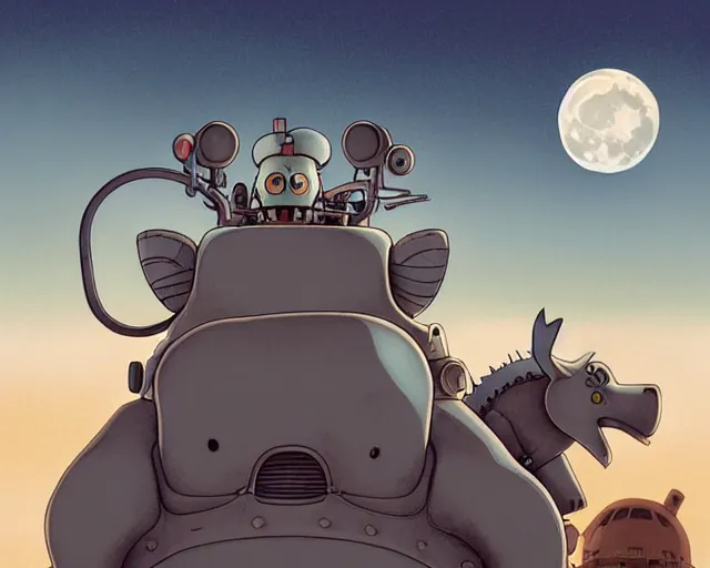 Image similar to a cell shaded cartoon grey lovecraftian mechanized kangaroo from howl's moving castle ( 2 0 0 4 ), with a big head, on a desert road, wide shot, in front of a big moon, muted colors, post grunge, josan gonzales, wlop, by james jean, victor ngai, hq, deviantart, art by artgem