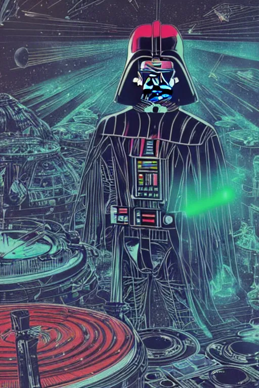 Image similar to closeup potrait of darth vader dj standing on a giant science fiction neon turntable at a astronaut rave, anti gravity, digital art, winning award masterpiece, fantastically beautiful, intricate, illustration, dan mumford, geof darrow, moebius, 8 k, octane, symmetrical