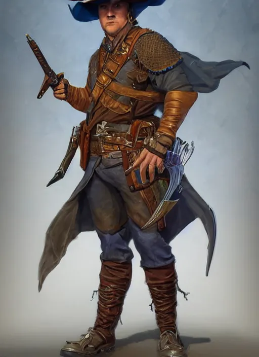 Image similar to gun slinger, dndbeyond, bright, colourful, realistic, dnd character portrait, full body, pathfinder, pinterest, art by ralph horsley, dnd, rpg, lotr game design fanart by concept art, behance hd, artstation, deviantart, hdr render in unreal engine 5