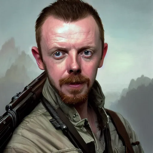 Image similar to portrait painting of smiling simon pegg with a rifle, ultra realistic, concept art, intricate details, eerie, highly detailed, photorealistic, octane render, 8 k, unreal engine. art by artgerm and greg rutkowski and alphonse mucha