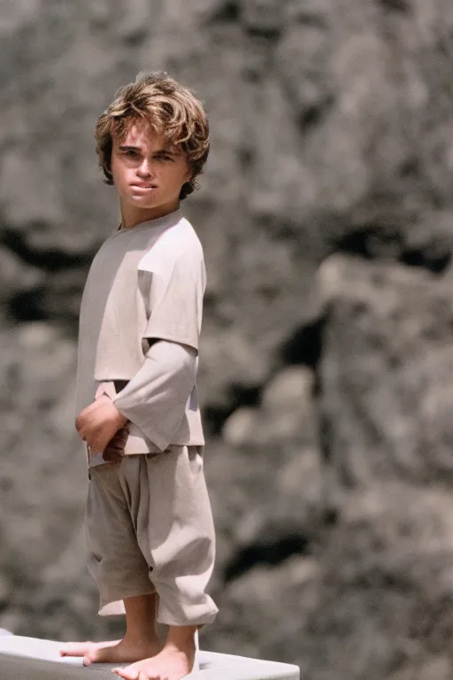 Image similar to close up still shot of young anakin skywalker standing on the diving board, 3 5 mm, highly detailed, attack of the clones, dynamic lighting