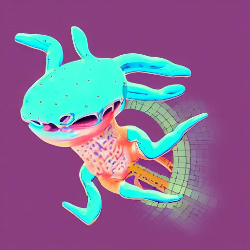 Prompt: an anatomically accurate picture of an axolotl, 3 d illustration, synthwave, pink and blue colors