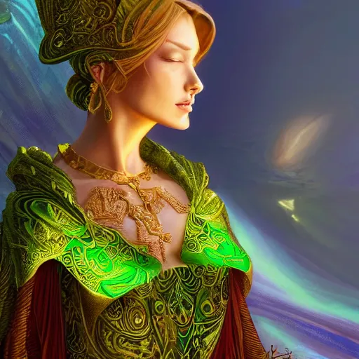 Image similar to a beautiful woman wearing a green kaftan made of silk with golden ornaments by alex gray and android jones , Karol Bak, Ayami Kojima, Amano , concept art, character design, fantasy,3D, 8k resolution
