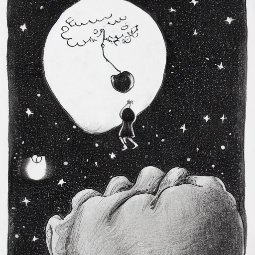 Image similar to man clinging to an apple floating to space by shel silverstein.