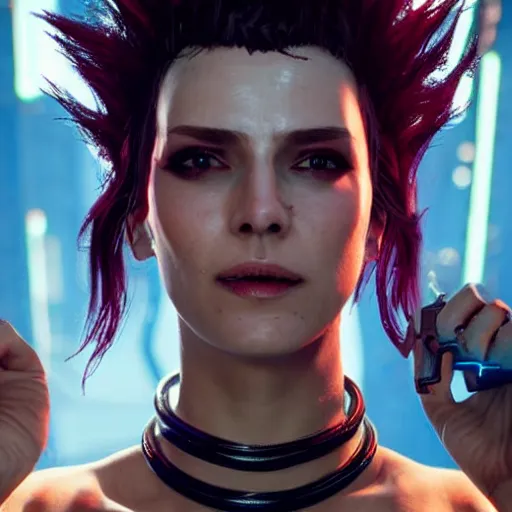 Image similar to female V from Cyberpunk 2077 wearing spiked black choker, steel collar, steel choker, punk, steel collar, 4K, realistic, spiked collar, art, beautiful,