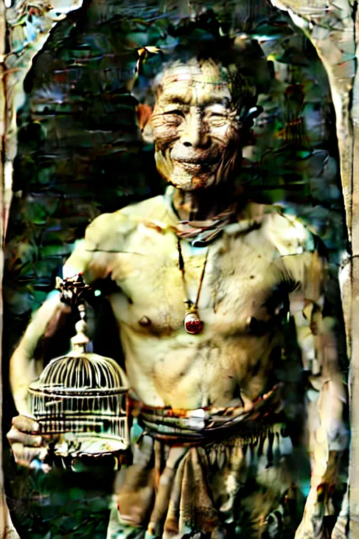 Image similar to ultra realistic vintage photo portrait of a tibetan man with a birdcage in the chest, by Annie Leibovitz,