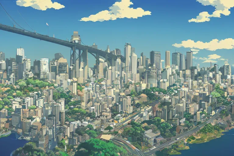 Image similar to sydney, australia. 4 k digital paint by studio ghibli hayao miyazaki. very sharp and detailed. trending on artstation and behance.