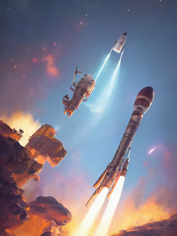 Image similar to photo of 8k ultra realistic rocket launching, nasa, clear sky, full of colour, cinematic lighting, battered, trending on artstation, 4k, hyperrealistic, focused, extreme details,unreal engine 5, cinematic, masterpiece, art by Peter Mohrbacher