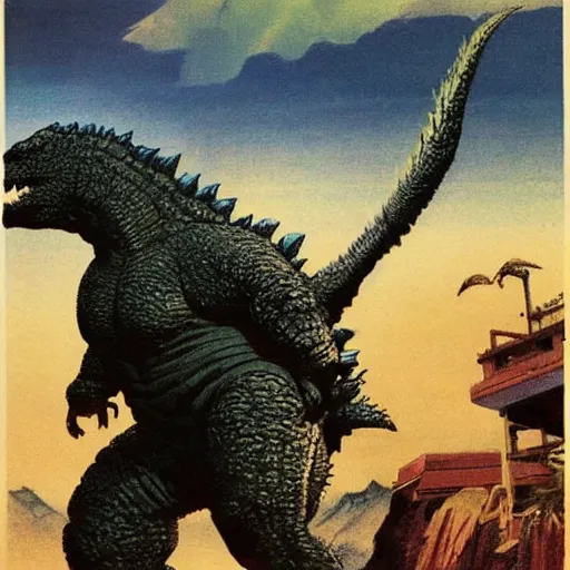 Prompt: showa godzilla by frank frazetta