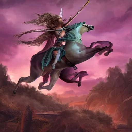 Image similar to Artemis, goddess of the hunt riding on top of a mythical crrature holding a spear. 4k, award winning, concept art, high quality