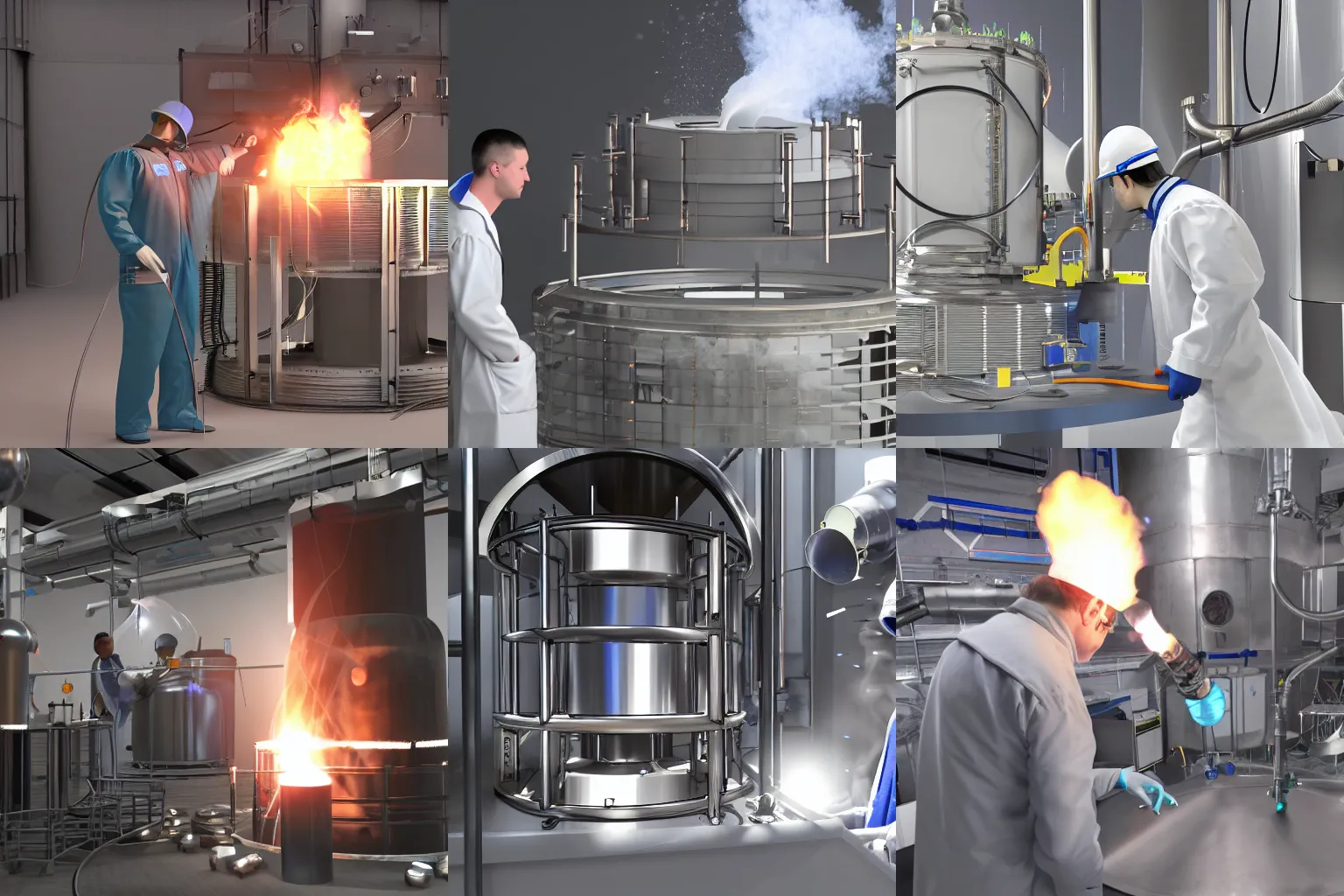 Prompt: doctoral candidate, repairing cluster deposition chamber, plasma inside high vacuum steel chamber, smoke in background, realistic, in style of 3D render