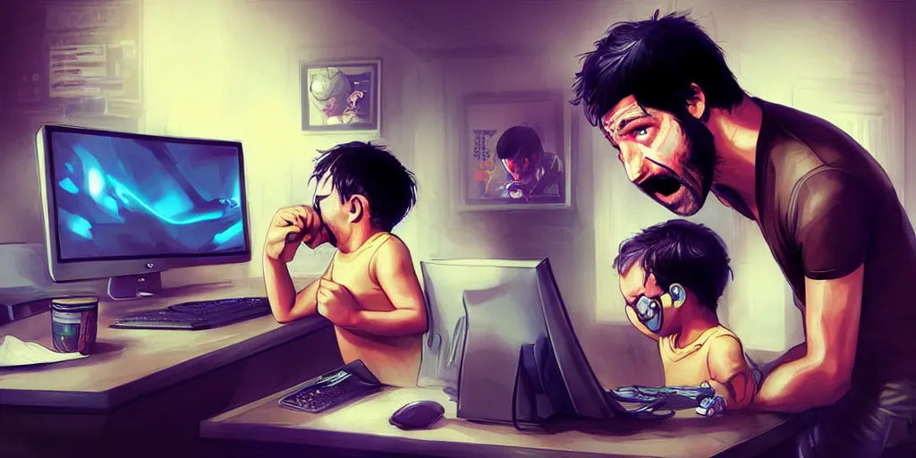 Prompt: hangover man behind computer and crying kid staying near the man and watching on him. artgerm