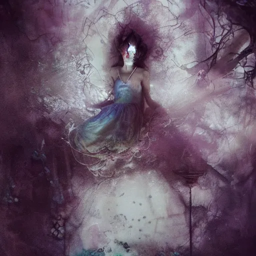 Prompt: Alice in wonderland by cy Twombly and BASTIEN LECOUFFE DEHARME, iridescent, volumetric lighting