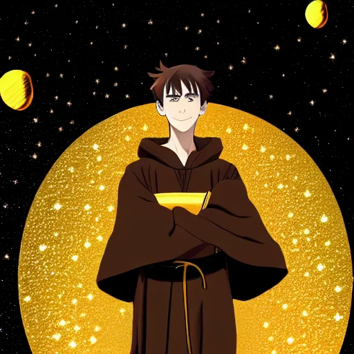 Image similar to a man with with brown hair, wearing a black robe with the tips made of gold, setting in space with a galaxy in the backround, anime, trending on artstation, high quality