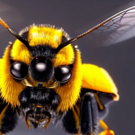 Image similar to still photo of bumblebee with fire in its eyes, insect photography, highly detailed, photorealistic portrait, bright studio setting, studio lighting, crisp quality and light reflections, unreal engine 5 quality render