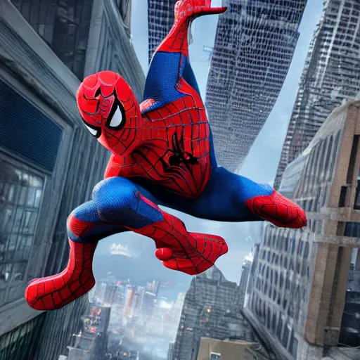 Image similar to A photo of an live-action animated SpiderMan movie, rendered in Unreal Engine, 8K concept art, detailed, cohesive, mixed media, volumetric lighting, ambient occlusion, 8K 3D, shot on Kodak Ektar