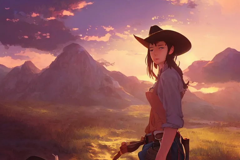 Image similar to western cowgirl, single subject, scenic full shot, ambient starry night lighting, detailed face, by makoto shinkai, stanley artgerm lau, wlop, rossdraws