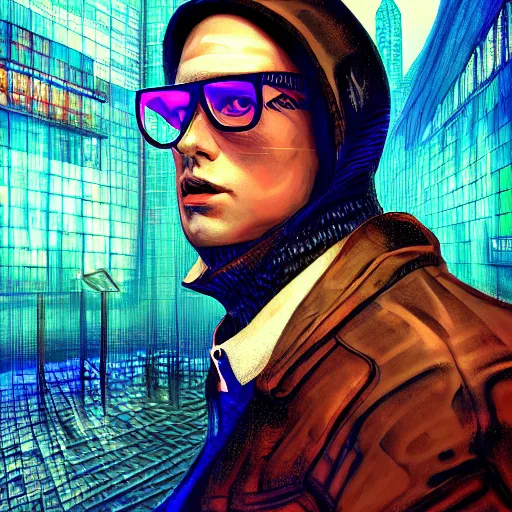 Prompt: surrealist portrait of a hooded cyberpunk man wearing high-tech glasses with digital ui, Rembrandt, WLOP, and Gerald Brom, glitch art, hacking effects, streetwear, mysterious, cityscape background, oil painting, cinematic lighting, intricate, 4k, trending on artstation