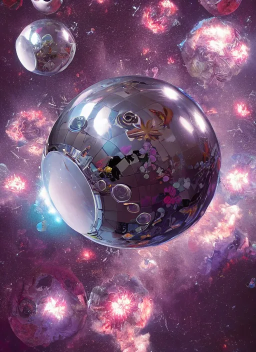 Prompt: An epic fantastic realism comic book style painting of the most beautiful flowers launched into space, perfect shiny silver iridescent spheres, bouquets, fisheye lens, unreal 5, DAZ, hyperrealistic, octane render, dynamic lighting