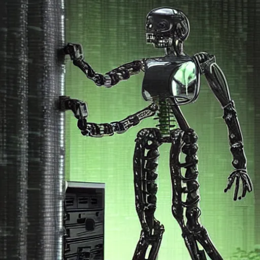 Image similar to the torso of a terminator with borg implants and a human face is hanging from cables and wires off the ceiling of an futuristic abandoned computer lab and plugged into a quantum computer. bottom half of the terminator's body is missing with cables sticking out. The Terminator is taking a sip from a cup of coffee. Tiny green led lights in the terminator's cybernetics. very detailed 8k. Cyberpunk horror style.