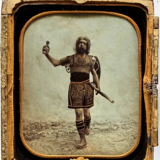 Prompt: Daguerreotype of a Byzantine warrior playing basketball