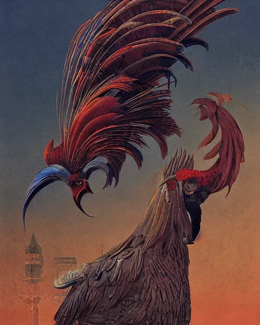 Prompt: digital painting of an ominous mechanical rooster, by wayne barlowe and bob pepper, dieselpunk, highly detailed, intricate, sharp focus, portrait, talons, anatomy, studio ghibli color scheme, tarot card